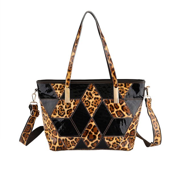 Chaos by Elsie- Echtleder-Shopper, RFID-Schutz, geometrisches Rauten Patchwork im 3D W&uuml;rfel Look, Leopard mit Hochglanz Optik, 30x14x27cm, Schwarzbraun