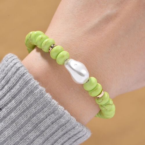 Weiße Muschelkernperle, Grüner Howlit Armband, flexibel, vergoldet 70.00 ct image number 1