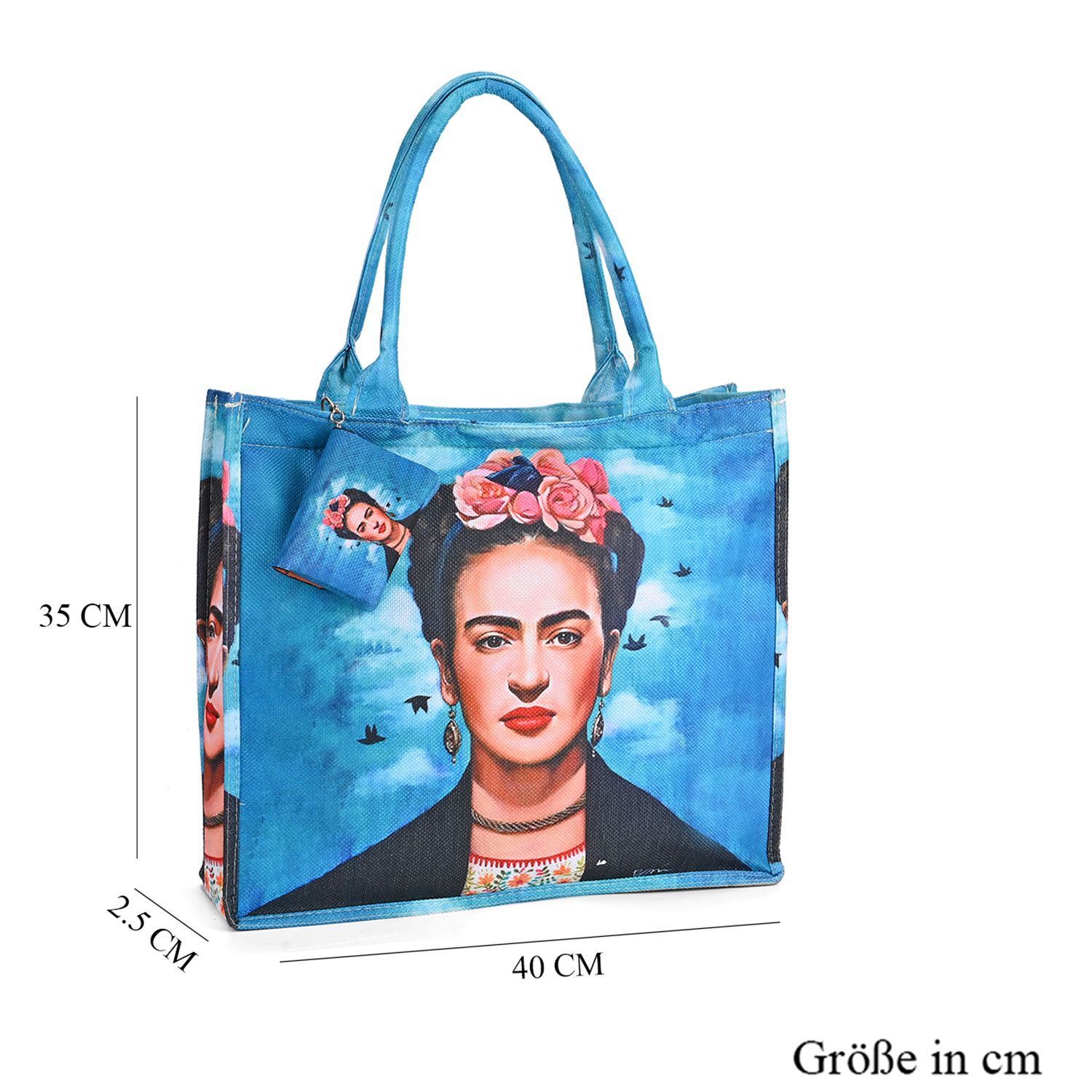 Bedrucktes Tote Bag und Geldborsen Set 2 teiliges Set mit Frida Kahlo Motiv robustem Polyester 40 x 35 x 2 5 cm Meeresblau