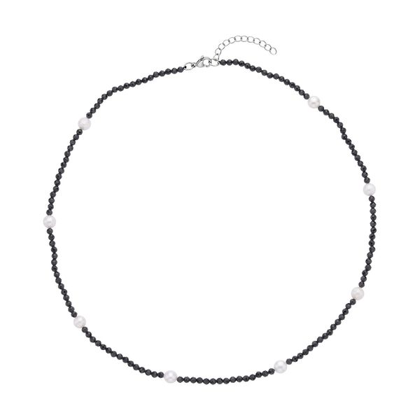 Weiße Süßwasser Perle und schwarze Spinell-Halskette, 60 cm - 63 ct. image number 0