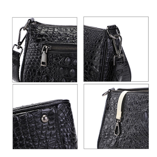 Schultertasche aus 100% echtem Leder mit Kroko-Pr&auml;gung, Schwarz&nbsp; image number 6