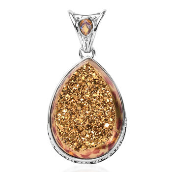 Sajen Silber-Fenster Drusy Astral Leopard Gold, Regenbogen Champagner mystischer Quartz Anh&auml;nger 925 Silber rhodiniert ca. 45.70 ct