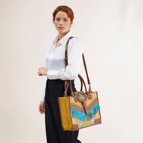 Handgefertigte Umhängetasche aus Echtleder mit Stickerei, Fransen und geometrischem Muster, Magnetverschluss, 28x24x18cm, Gelb-Braun