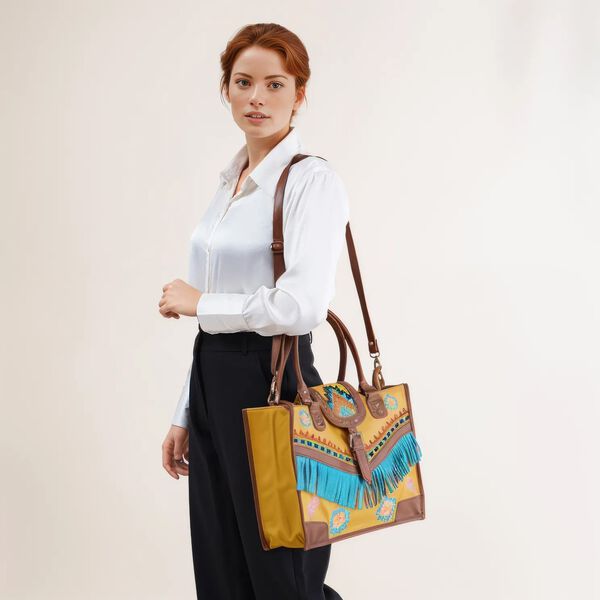 Handgefertigte Umhängetasche aus Echtleder mit Stickerei, Fransen und geometrischem Muster, Magnetverschluss, 28x24x18cm, Gelb-Braun image number 2
