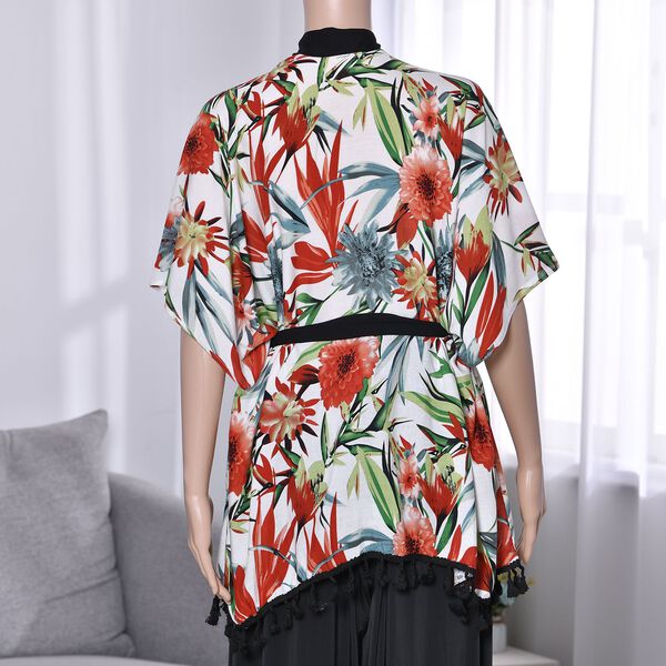 Kurz&auml;rmeliger Kimono mit Blumendruck, schwarzem G&uuml;rtel, mehrfarbig image number 2