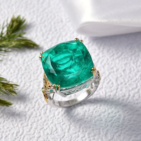 D'Joy Smaragd-Quarz Triplette Ring 925 Silber Rhodiniert und 750 Gelbgold Vermeil (Größe 19.00) ca. 28,98 ct image number 1