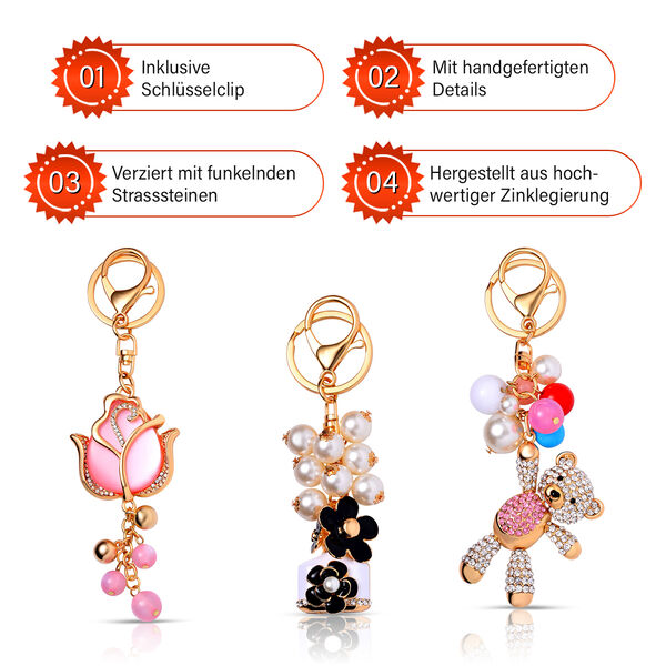 3 Stück Dekorativer Schlüsselanhänger, Bär, Rose, Blumen, mehrfarbig image number 4