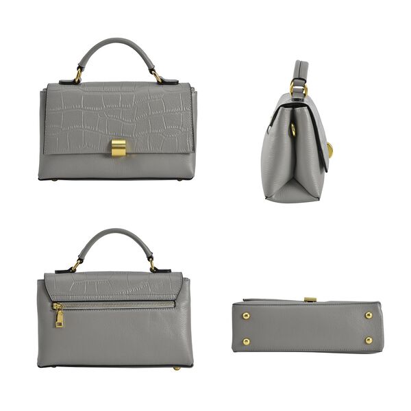 Cabrio Handtasche mit Krokopr&auml;gung aus echtem Leder, 25x8x15 cm, Grau image number 3