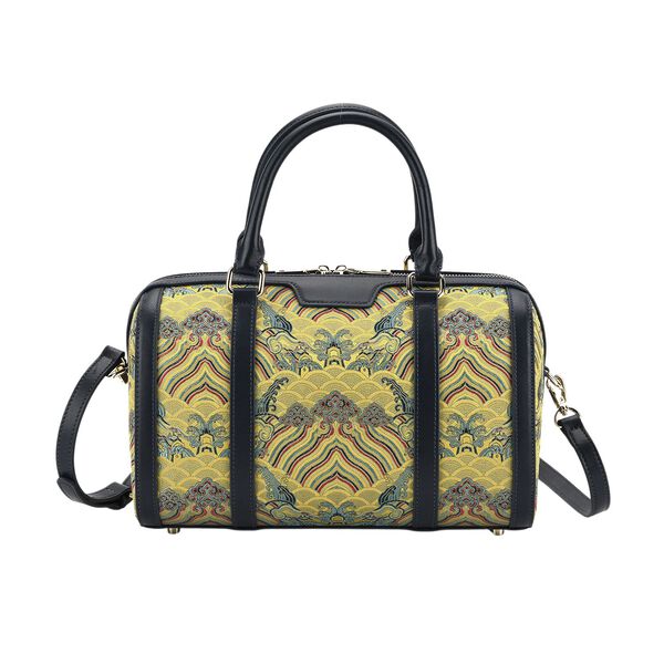 LA MAREY Brokat Crossbody Tasche aus Seide und Echtleder, 30x18x15cm, Gelb