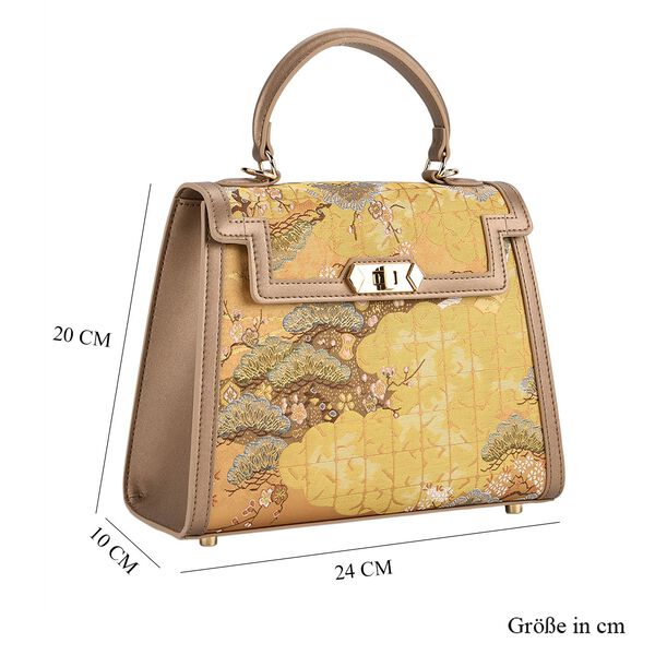 LA MAREY Crossbody Tasche aus 80% Seidenbrokat und 20% Echtleder, 24x10x20cm, Senfgelb image number 6