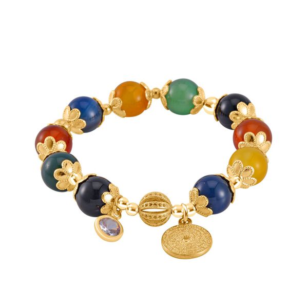 Mehrfarbiger Achat, Weißer Kristall Armband Flexibles Legierung Gelbes Gold image number 3