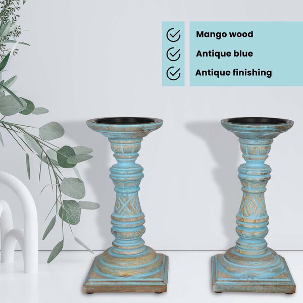 Set aus 2 antiken geschnitzten Holzkerzenhaltern mit quadratischem St&auml;nder, 23cm, Altblau image number 2