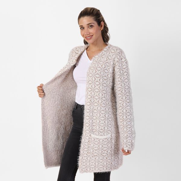 Langer Cardigan mit Taschen und Knopf, gestrickt, Einheitsgr&ouml;&szlig;e Rautenmuster, Khaki image number 3