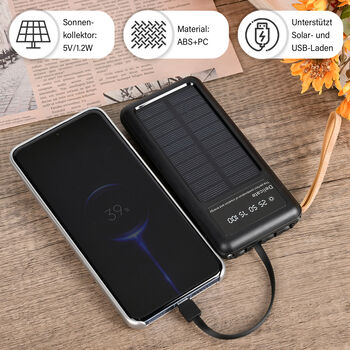 10.000mAh Solar Powerbank, multifunktional mit integrierten Kabeln und LED-Digitalanzeige, schwarz