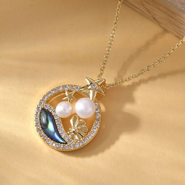 Abalone Muschel, weiße Süßwasserperle und Zirkonia Anhänger mit 50cm Kette - 3,10 ct. image number 2