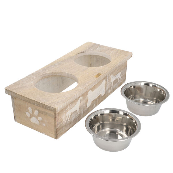 NAKKASHI - Handgeschnitzter Mangoholz Fressnapf mit Edelstahlschalen, 48x20x12,5 cm, Hunde image number 5