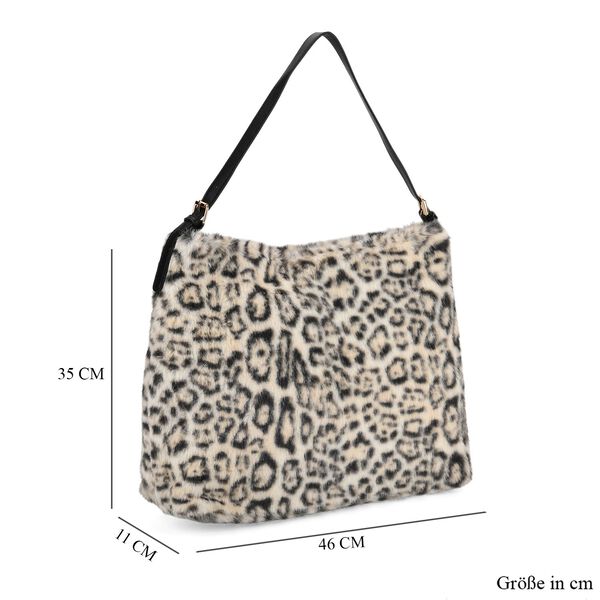 Leopardenmuster-Fellimitat-Tasche, 46x11x35 cm, Beige-Schwarz image number 8