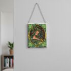 Handbemalter Glas-Suncatcher mit Kette, silberfarbenem Rahmen, Alphonse-Mucha-Motiv Efeu, 12 x15 cm, Grün