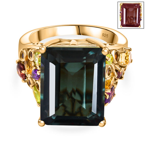 Farbwechsel-Alexandrit-Quarz-Triplette, Roter Granat Ring 925 Silber 750 Gelbgold Vermeil (Gr&ouml;&szlig;e 17.00) ca. 13.65 ct