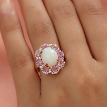 Nat&uuml;rlicher, &auml;thiopischer Opal und rosa Saphir Halo-Ring, (Fissure gef&uuml;llt), 925 Silber Ros&eacute;gold Vermeil (Gr&ouml;&szlig;e 17.00) ca. 5.61 ct