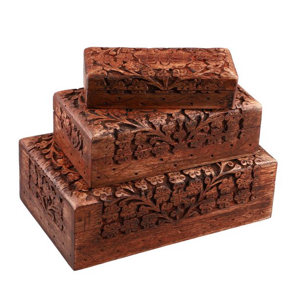 3er Set Handgeschnitzes Boxen aus Sheeshamholz mit Kaschmir und Schmetterling, 21x13 cm