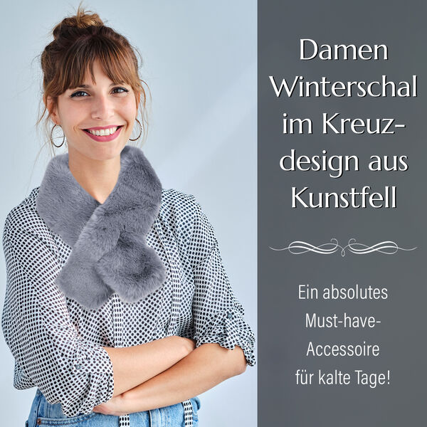 Damen Winterschal im Kreuzdesign aus Kunstfell, Blau image number 3