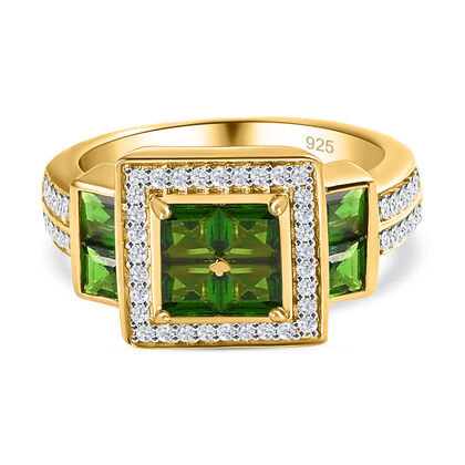 Nat&uuml;rlicher Chromdiopsid und Zirkon-Ring, 925 Silber Gelbgold Vermeil (Gr&ouml;&szlig;e 16.00) ca. 1.74 ct