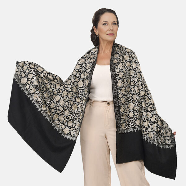 Premium Kollektion: Bestickter Schal aus Merinowolle und Naturseide, 70 x 190 cm, schwarz