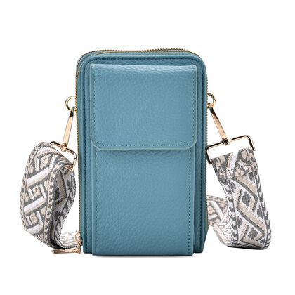 Crossbody-Handytasche mit RFID-Schutz, Kartenf&auml;chern und gemustertem Trageriemen, ca. 19x6x11 cm, T&uuml;rkis
