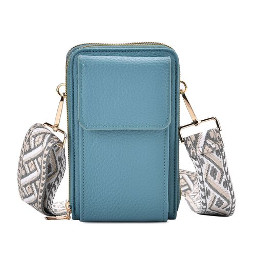 Crossbody-Handytasche mit RFID-Schutz, Kartenfächern und gemustertem Trageriemen, ca. 19x6x11 cm, Türkis