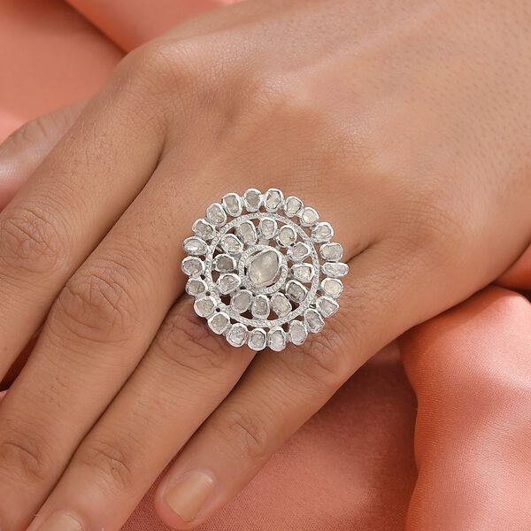 Handgearbeiteter, nat&uuml;rlicher Polki Diamant Ring, 925 Silber platiniert (Gr&ouml;&szlig;e 19.00) ca. 1.25 ct image number 2