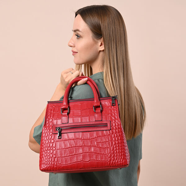 Schultertasche aus 100% echtem Leder mit Kroko-Pr&auml;gung und abnehmbarem Riemen, Rot&nbsp; image number 3