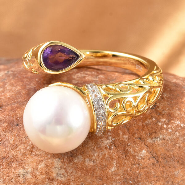 Wei&szlig;e Edison Perle und Mehrfarbig Edelsteine Bypass Ring 925 Silber Zweifarbige Beschichtung image number 1