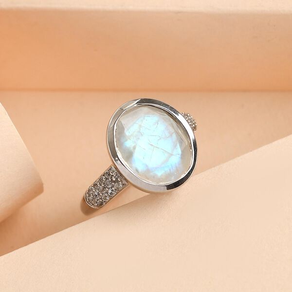 Premium Regenbogen Mondstein und wei&szlig;er Zirkon-Ring, 925 Silber platiniert  ca. 4,70 ct image number 2
