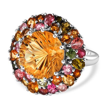 Hanabi Schliff - Citrin und nat&uuml;rlicher mehrfarbiger-Turmalin Ring, 925 Silber platiniert (Gr&ouml;&szlig;e 17.00) ca. 11.42 ct
