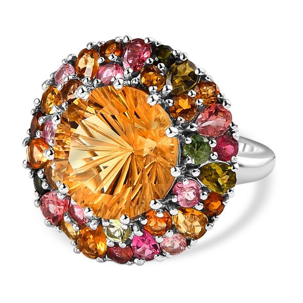 Citrin Ring im Hanabi-Schliff und nat&uuml;rlichem mehrfarbigem Turmalin - 11,42 ct.