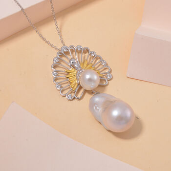 Wei&szlig;e Edison Perle, Wei&szlig;e Barockperle Anh&auml;nger mit Kette, 925 Silber platiniert, 925 Silber, bicolor