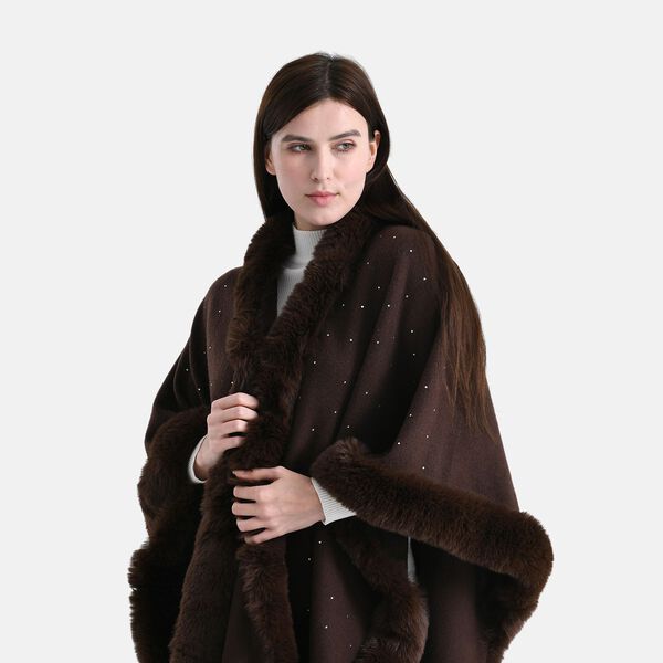 LA MAREY Poncho mit Kunstfellbesatz und Kristall-Detail, Braun, Einheitsgr&ouml;&szlig;e image number 6