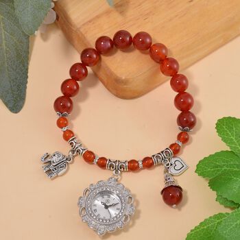 STRADA - Japanisches Uhrwerk, Roter Achat, Wei&szlig;er Kristall Flexible Uhr 18.5 cm 316L Edelstahl ca. 25.30 ct