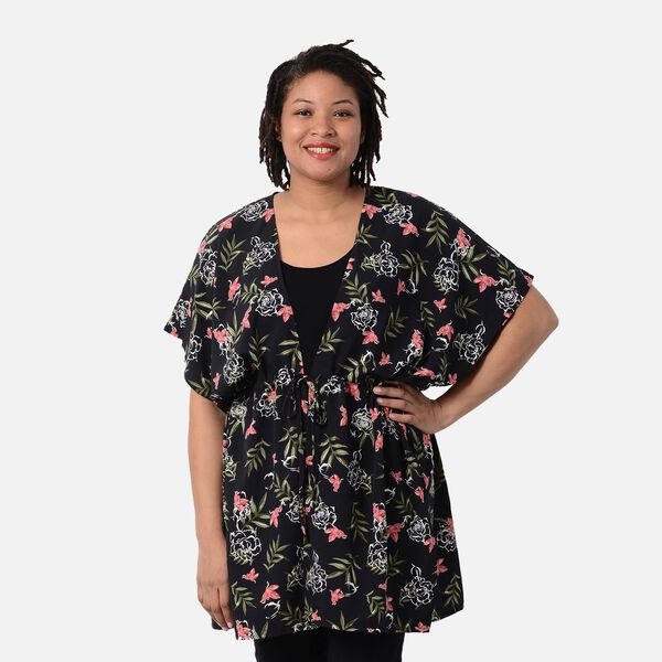 Kimono mit G&uuml;rtel, Blumenmuster, Schwarz und Mehrfarbig, Einheitsgr&ouml;&szlig;e image number 0