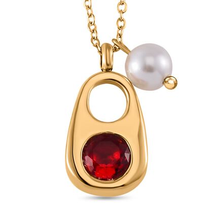 Wei&szlig;e Muschelkernperle, Roter Kristall Halskette ca. 50 cm Reiner Edelstahl IP-Gelbbeschichtung