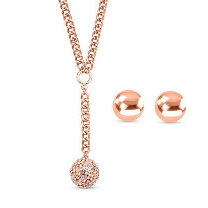 2er Set - Wei&szlig;es Kristall-Collier und Ohrstecker, ca. 50 cm, ros&eacute;farben