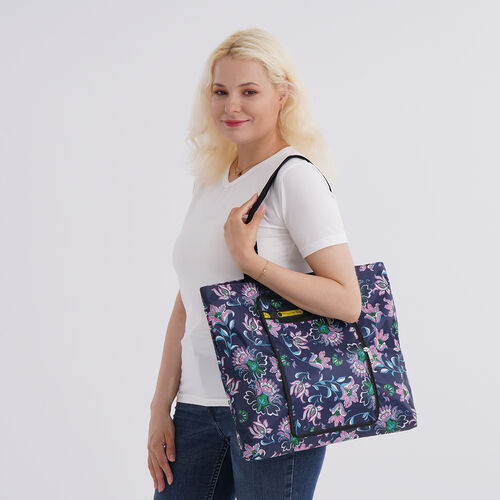 Faltbare Einkaufstasche aus wasserabweisendem Polyester, Blumenmuster, 40x43 cm, Tragegriffe 22 cm, Rosa image number 1