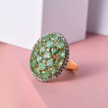 Kagem sambischer Smaragd und Zirkon-Cluster-Halo-Ring, 925 Silber vergoldet, 3,40 ct.