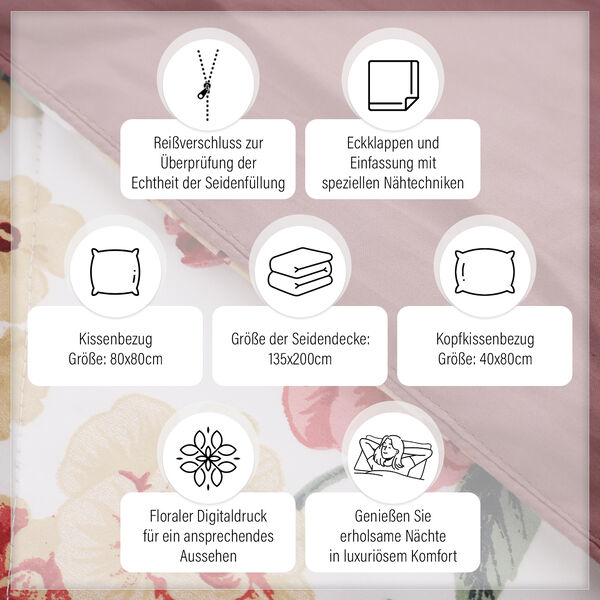 Serenity Night: 3er Set &ndash; Seidensteppdecke und 2 Kissenbez&uuml;ge, Blumenmuster, Mehrfarbig image number 2