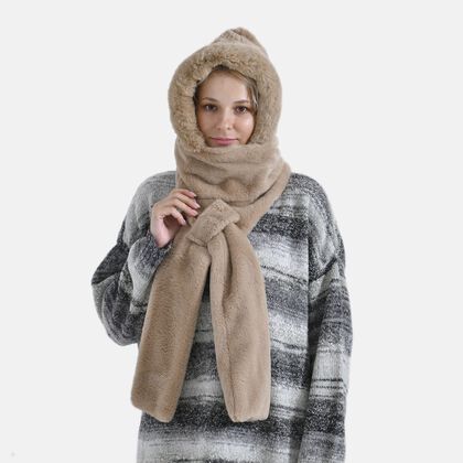 Superweicher 2-in-1-Langschal und M&uuml;tze aus hochwertigem Kunstfell, beige