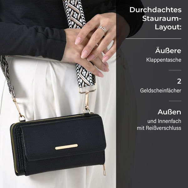 Crossbody-Tasche mit Klappfach, gemustertem Trageriemen und RFID-Schutz - 19x5x11 cm, Schwarz image number 4