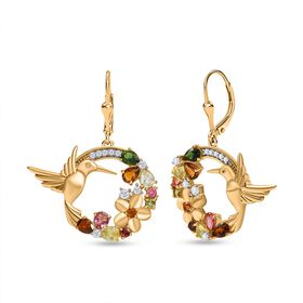 Flügel der Blüte-Mehrfarbig-Turmalin, Weißer Zirkon Ohrringe 925 Silber 750 Gelb Vergoldet ca. 2,34 ct.