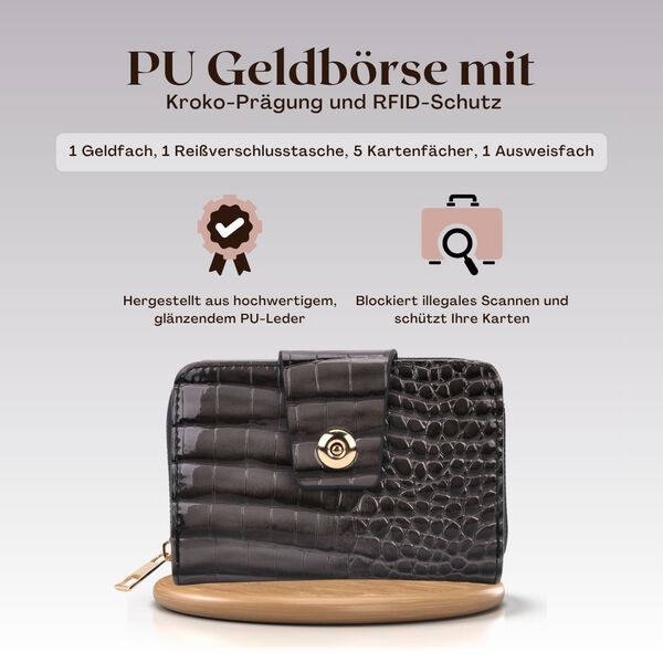 Elegante Geldbörse mit Krokoprägung, RFID-Schutz, 14,5×9,5cm, Beige image number 2