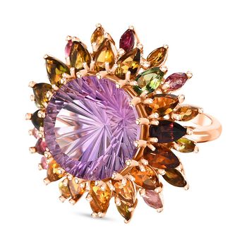 Hanabi Schliff - Rose De France Amethyst und mehrfarbiger Turmalin-Ring, 925 Silber Ros&eacute;gold Vermeil (Gr&ouml;&szlig;e 17.00) ca. 14.22 ct